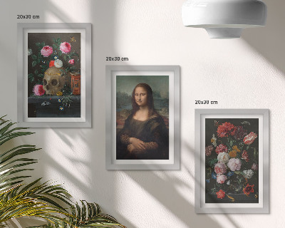 Set 3 tablouri Craniu cu flori vintage și portretul Mona Lisa de Leonardo da Vinci