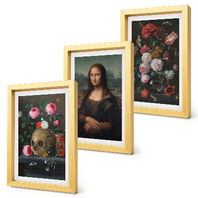 Set 3 tablouri Craniu cu flori vintage și portretul Mona Lisa de Leonardo da Vinci