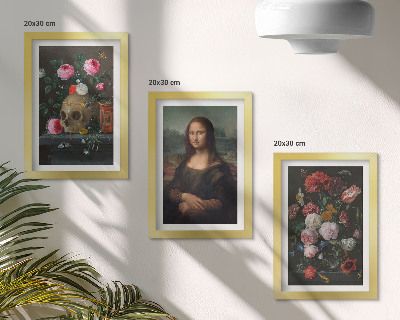 Set 3 tablouri Craniu cu flori vintage și portretul Mona Lisa de Leonardo da Vinci