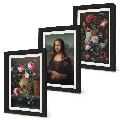 Set 3 tablouri Craniu cu flori vintage și portretul Mona Lisa de Leonardo da Vinci