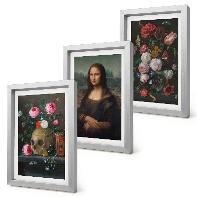 Set 3 tablouri Craniu cu flori vintage și portretul Mona Lisa de Leonardo da Vinci