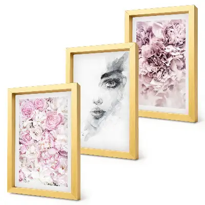 Set 3 tablouri cu bujori delicați și portret alb-negru al unei femei