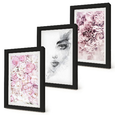Set 3 tablouri Bujori delicați, portret alb-negru al unei femei