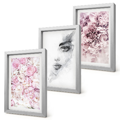 Set 3 tablouri Bujori delicați, portret alb-negru al unei femei