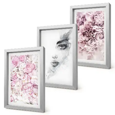 Set 3 tablouri cu bujori delicați și portret alb-negru al unei femei
