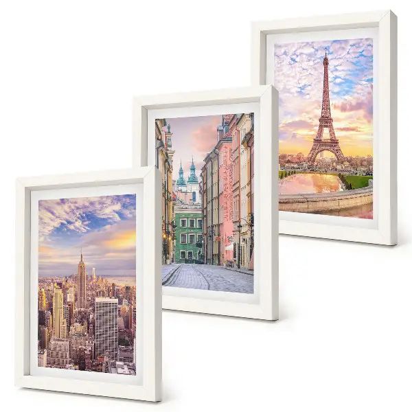 Set 3 tablouri cu vedere a orașelor New York, Paris și Varșovia la amurg
