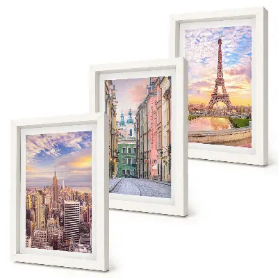 Set 3 tablouri cu vedere a orașelor New York, Paris și Varșovia la amurg