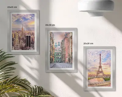 Set 3 tablouri cu vedere a orașelor New York, Paris și Varșovia la amurg