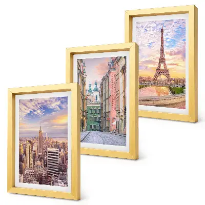 Set 3 tablouri cu vedere a orașelor New York, Paris și Varșovia la amurg