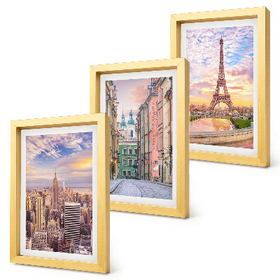 Set 3 tablouri Vedere a orașelor New York, Paris și Varșovia la amurg