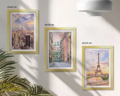 Set 3 tablouri cu vedere a orașelor New York, Paris și Varșovia la amurg