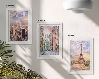 Set 3 tablouri cu vedere a orașelor New York, Paris și Varșovia la amurg