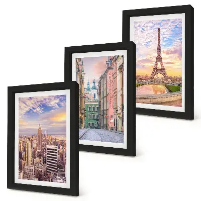 Set 3 tablouri cu vedere a orașelor New York, Paris și Varșovia la amurg