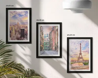 Set 3 tablouri cu vedere a orașelor New York, Paris și Varșovia la amurg