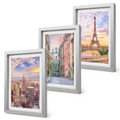 Set 3 tablouri cu vedere a orașelor New York, Paris și Varșovia la amurg