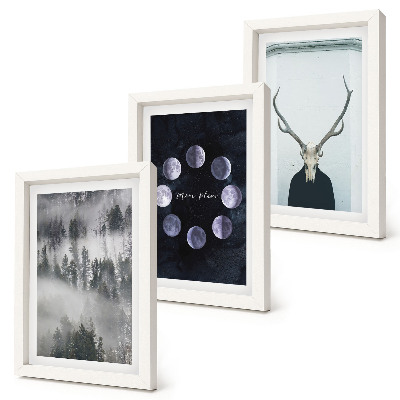 Set 3 tablouri Peisaj forestier în ceață, faze lunare, craniu de cerb