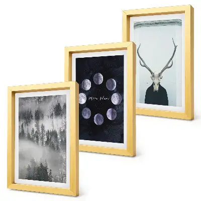 Set de 3 tablouri peisaj forestier în ceață cu faze lunare și craniu de cerb