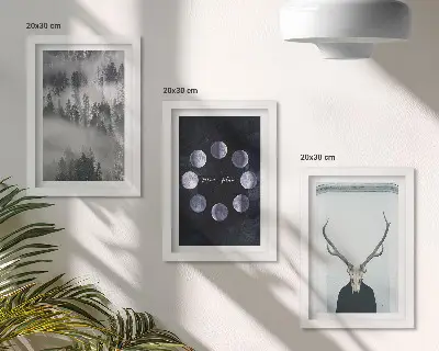 Set de 3 tablouri peisaj forestier în ceață cu faze lunare și craniu de cerb