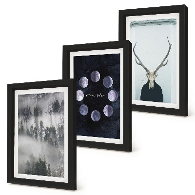 Set 3 tablouri Peisaj forestier în ceață, faze lunare, craniu de cerb