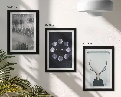 Set de 3 tablouri peisaj forestier în ceață cu faze lunare și craniu de cerb