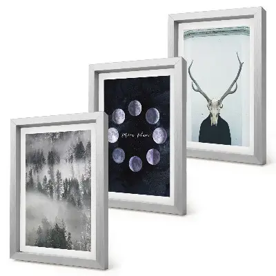 Set de 3 tablouri peisaj forestier în ceață cu faze lunare și craniu de cerb