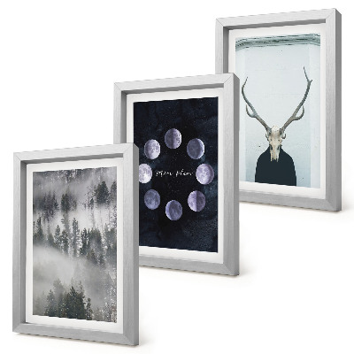 Set 3 tablouri Peisaj forestier în ceață, faze lunare, craniu de cerb