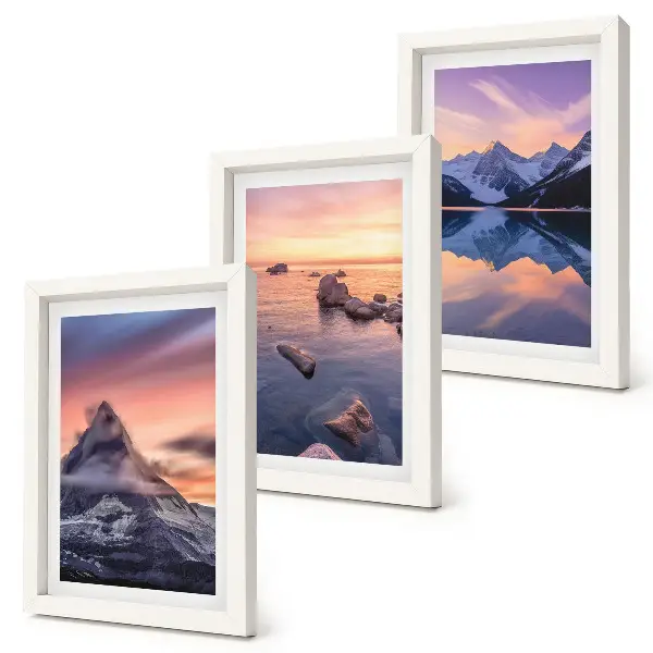 Set 3 tablouri cu peisaje de munți, lacuri și apusuri de soare