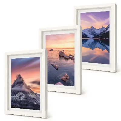 Set 3 tablouri cu peisaje de munți, lacuri și apusuri de soare