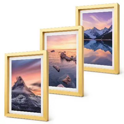 Set 3 tablouri cu peisaje de munți, lacuri și apusuri de soare