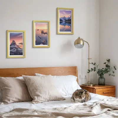 Set 3 tablouri cu peisaje de munți, lacuri și apusuri de soare