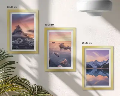 Set 3 tablouri cu peisaje de munți, lacuri și apusuri de soare