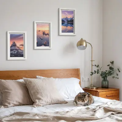 Set 3 tablouri cu peisaje de munți, lacuri și apusuri de soare