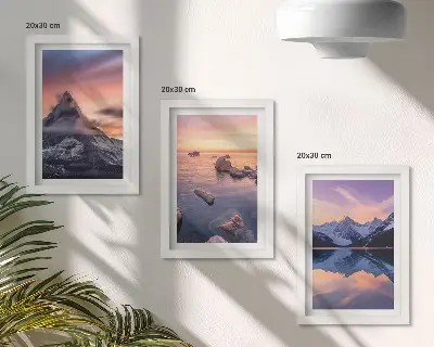 Set 3 tablouri cu peisaje de munți, lacuri și apusuri de soare
