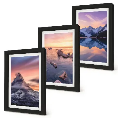 Set 3 tablouri cu peisaje de munți, lacuri și apusuri de soare