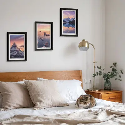Set 3 tablouri cu peisaje de munți, lacuri și apusuri de soare