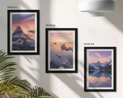 Set 3 tablouri cu peisaje de munți, lacuri și apusuri de soare
