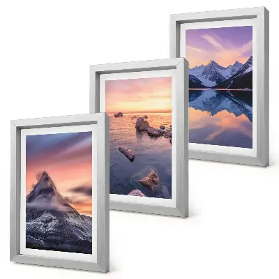 Set 3 tablouri cu peisaje de munți, lacuri și apusuri de soare