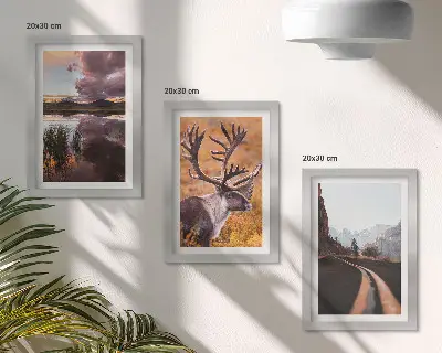 Set 3 tablouri cu peisaje montane, reni și drum în natură