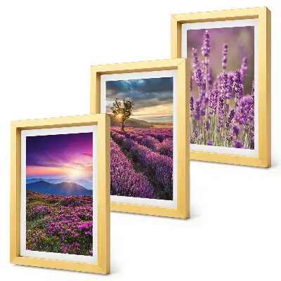 Set 3 tablouri cu peisaj reprezentând câmpuri de lavandă și apus de soare