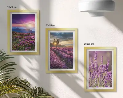 Set 3 tablouri cu peisaj reprezentând câmpuri de lavandă și apus de soare