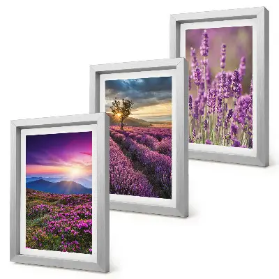 Set 3 tablouri cu peisaj reprezentând câmpuri de lavandă și apus de soare