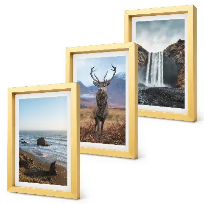 Set de 3 tablouri peisaje montane cu cascadă, căprioară și plajă