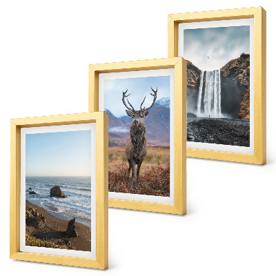 Set 3 tablouri Peisaje montane cu o cascadă, o căprioară și o plajă