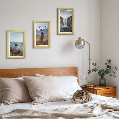 Set de 3 tablouri peisaje montane cu cascadă, căprioară și plajă