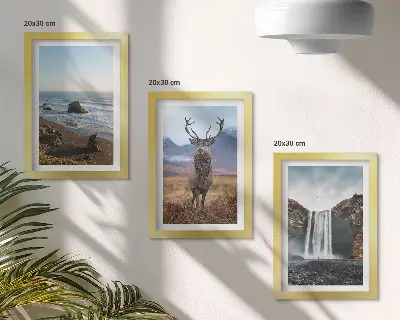 Set de 3 tablouri peisaje montane cu cascadă, căprioară și plajă