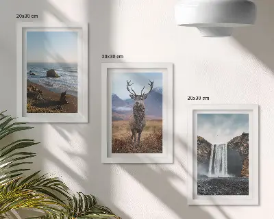 Set de 3 tablouri peisaje montane cu cascadă, căprioară și plajă