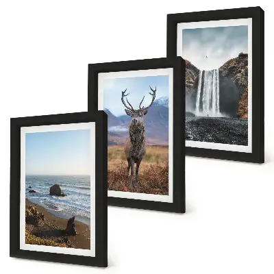 Set de 3 tablouri peisaje montane cu cascadă, căprioară și plajă