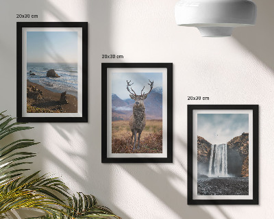 Set 3 tablouri Peisaje montane cu o cascadă, o căprioară și o plajă