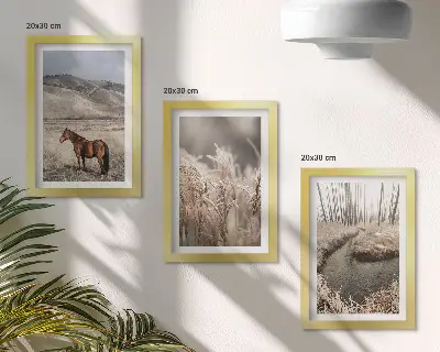Set 3 tablouri cu cai într-un peisaj de ierburi și un pârâu de iarnă