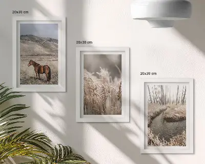 Set 3 tablouri cu cai într-un peisaj de ierburi și un pârâu de iarnă